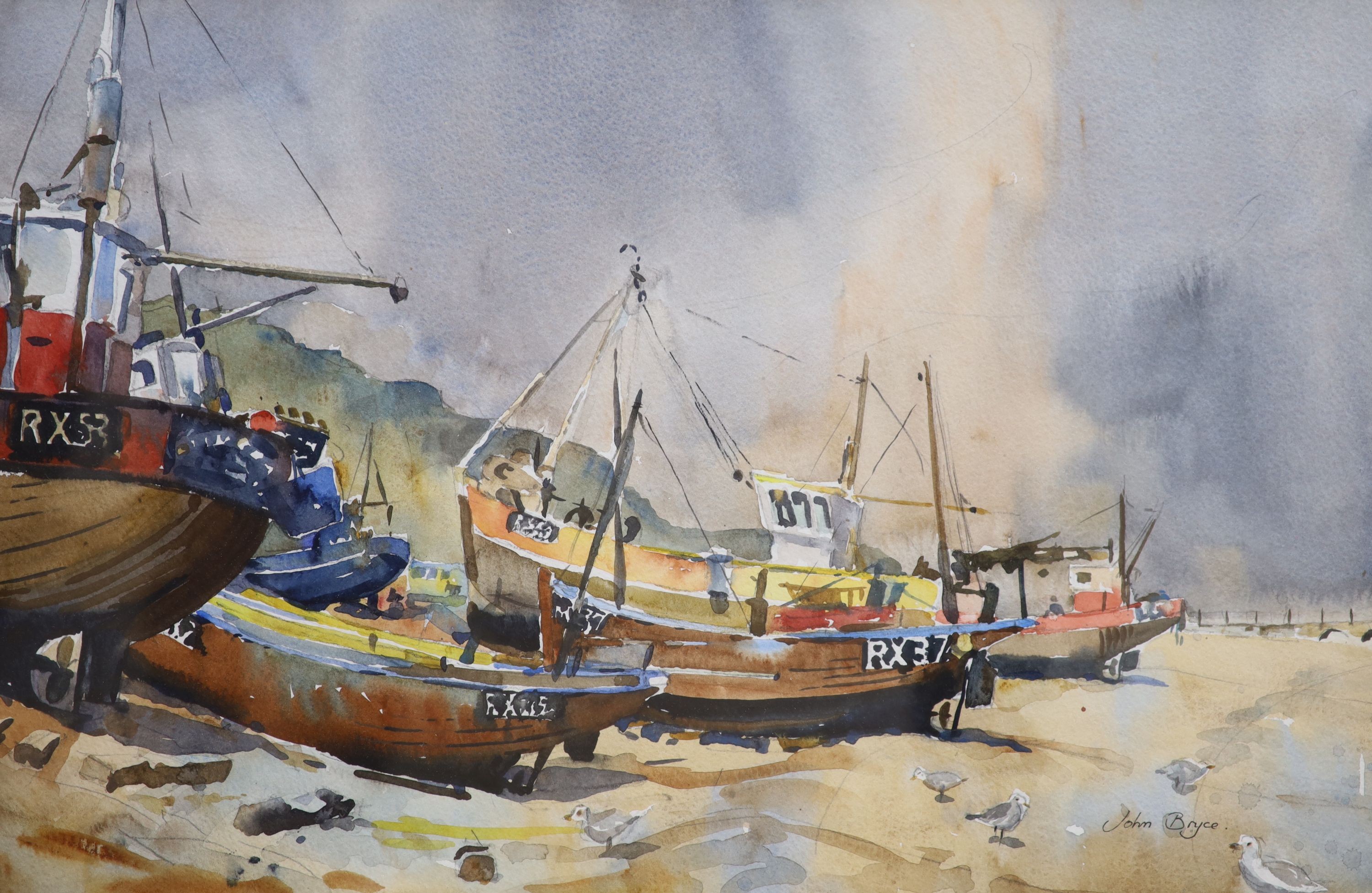 John Bryce (b. 1934), two watercolours, Southwark Bridge and St Paul's and Fishing boats, signed, 24 x 34cm and 35 x 54cm